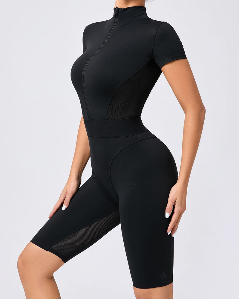 Women Zipper Front Short Sleeve High Waist Patchwork Fitness Sports Yoga Jumpsuit Black White S-L