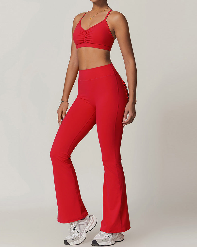 Women Sling Ruched Sports Bra High Waist Flare Pants Yoga Two-piece Sets S-XL