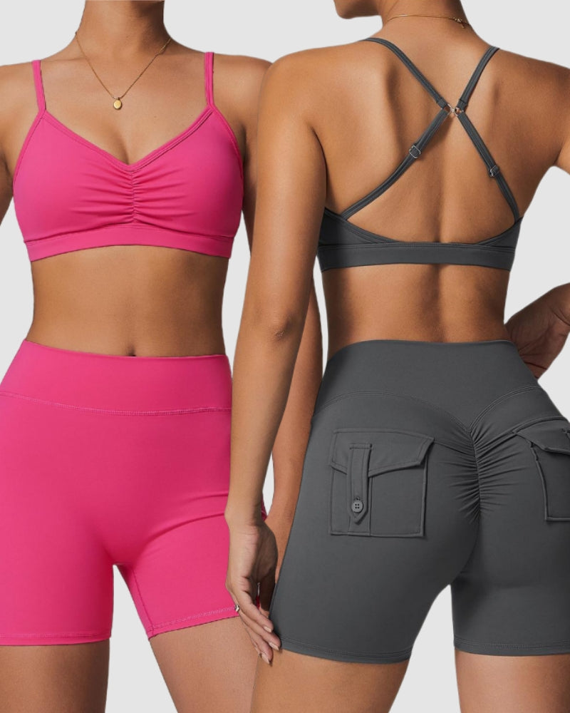 Wholesale OEM Running Sling Ruched Bra Yoga Two-piece Shorts Sets S-XL