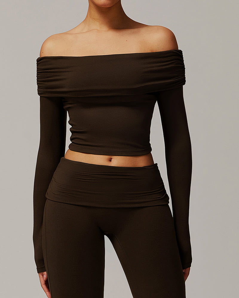 OEM Customized Women Long Sleeve Yoga Fold Off Shoulder Fitness Outdoor Wear Sports Running Top S-XL