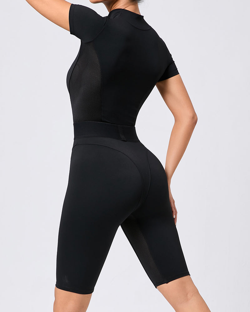 Women Zipper Front Short Sleeve High Waist Patchwork Fitness Sports Yoga Jumpsuit Black White S-L