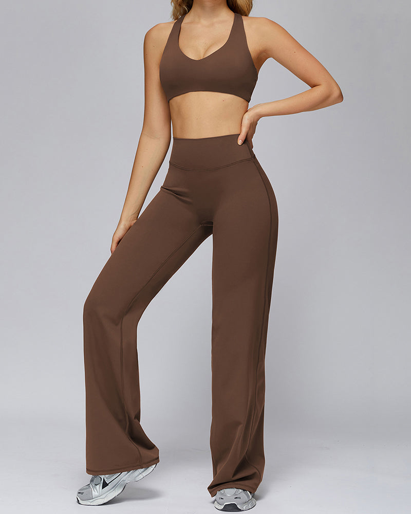 Women V-Neck Bra High Waist Wide Leg Pants Yoga Two-piece Sets S-XL