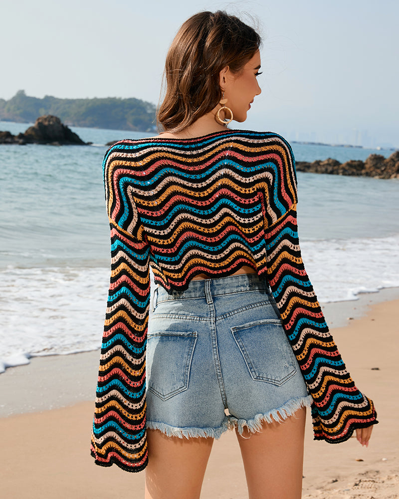 Patchwork Round Neck Striped Bikini Beach Cover-Up