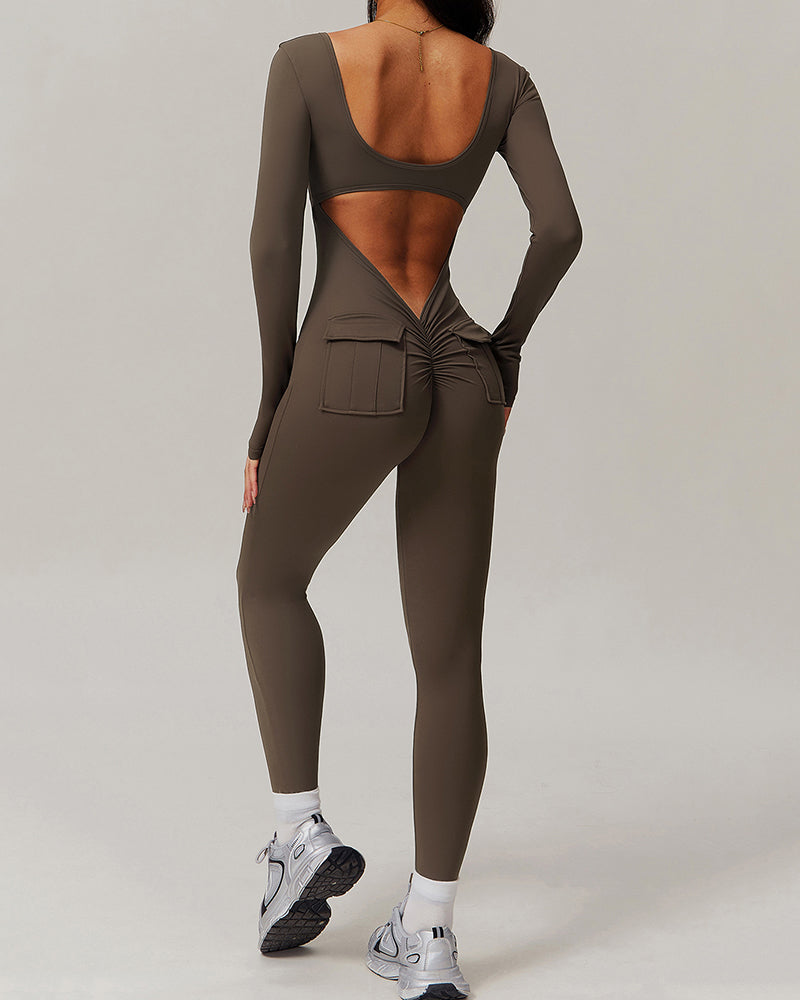 Wholesale Women U Neck Tight Running Long Sleeve Fitness Sports Jumpsuit S-XL