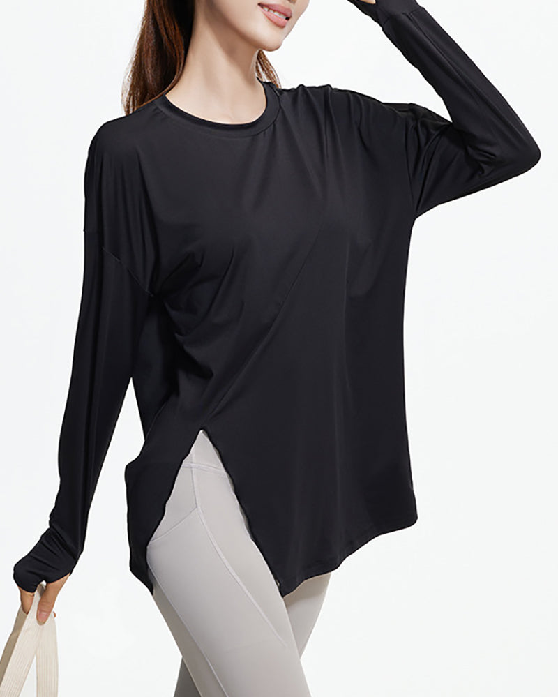 Women Long Sleeve O Neck Slide Slit Sports T-shirt S-2XL