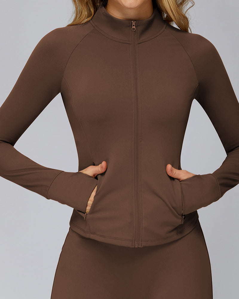Brushed Long-Sleeved Zipper Pocket Quick-Drying Tights Outdoor Sports Running Jacket S-XL