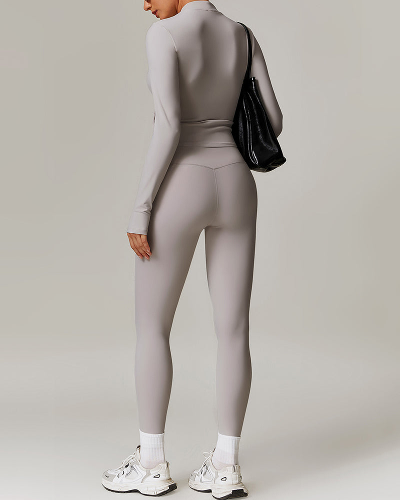 Women Long Sleeve Sports Coat Running Fitness Leggings Pants Yoga Two-piece Sets S-XL