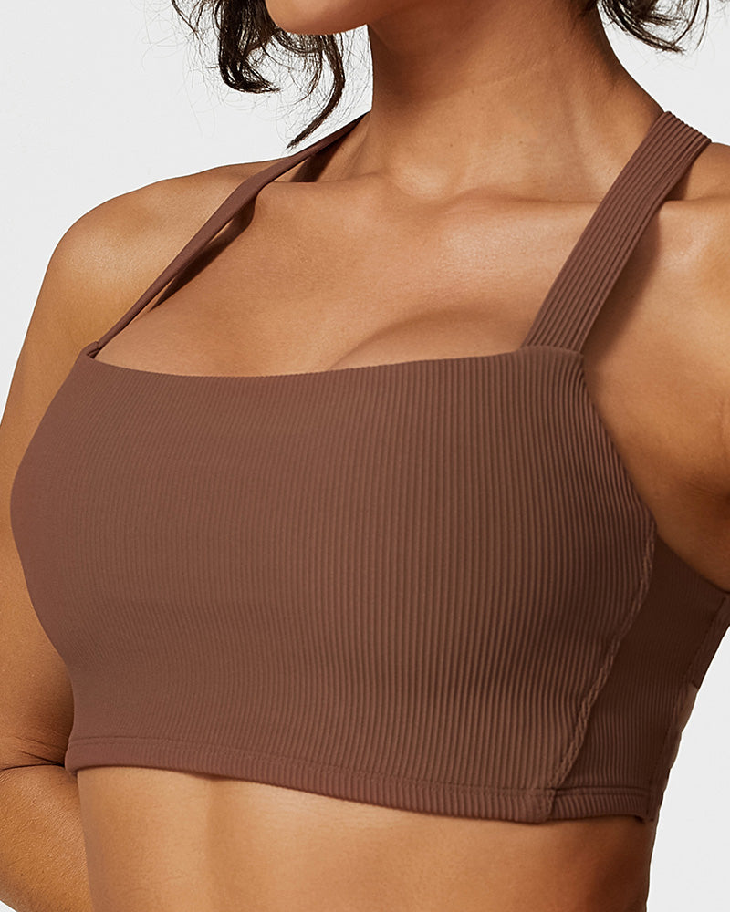 Women Square Neck Criss Cross Back Sports Running Bra XS-L