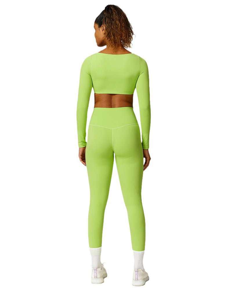 Women Square Neck Long Sleeve Crop Top Fitness Slim Leggings Pants Yoga Two-piece Sets S-L