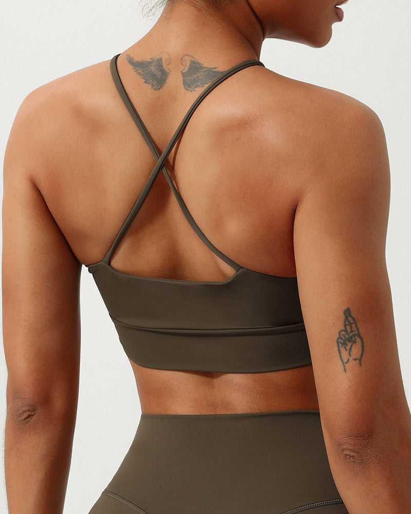 Women Halter Neck Ruched Hole Yoga Fitness Cross Back Sports Bra S-XL