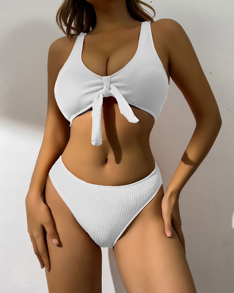 Solid Color High Waist Women Hollow Out Bikini Set S-XL