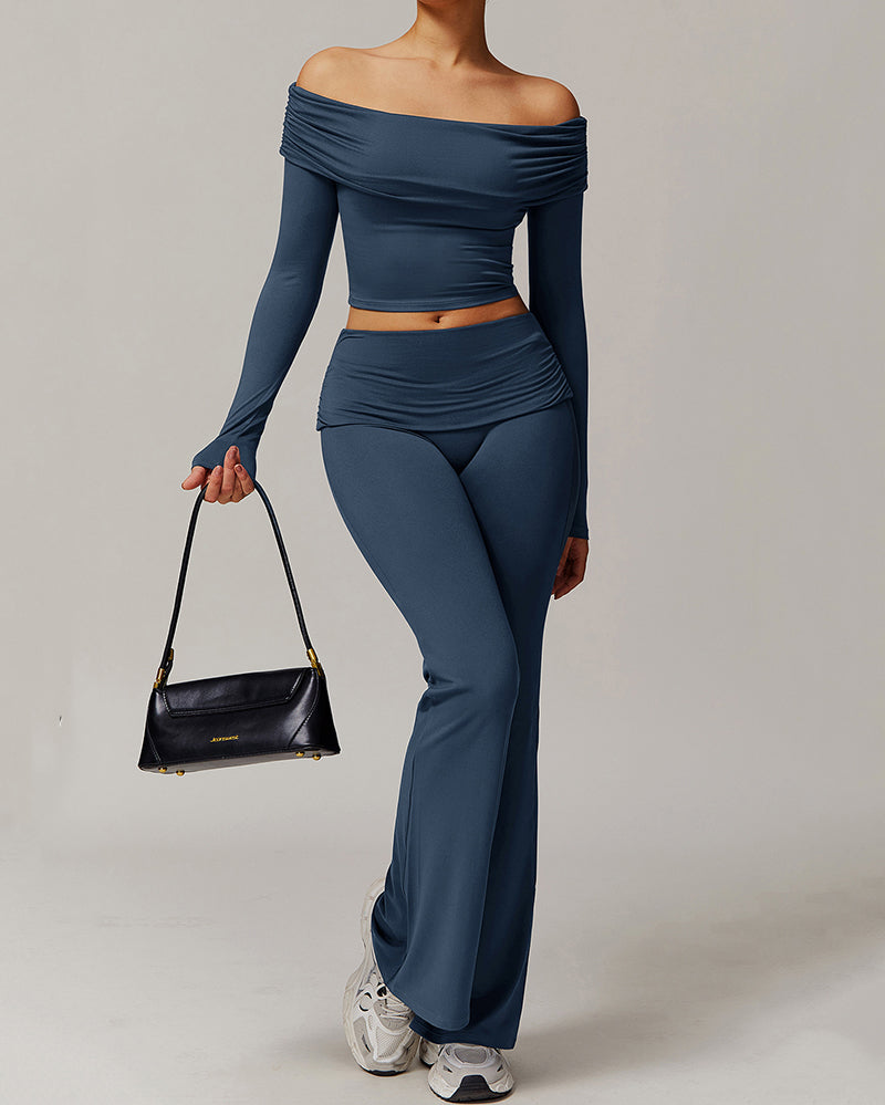 OEM Women Long Sleeve Off Shouder T-shirts Fold Waist Wide Leg Pants Sports Yoga Two-piece Sets S-XL