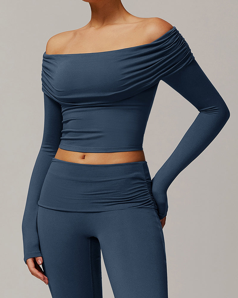 OEM Customized Women Long Sleeve Yoga Fold Off Shoulder Fitness Outdoor Wear Sports Running Top S-XL