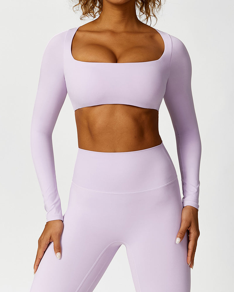 Women Square Neck Long Sleeve Crop Top Fitness Slim Leggings Pants Yoga Two-piece Sets S-L