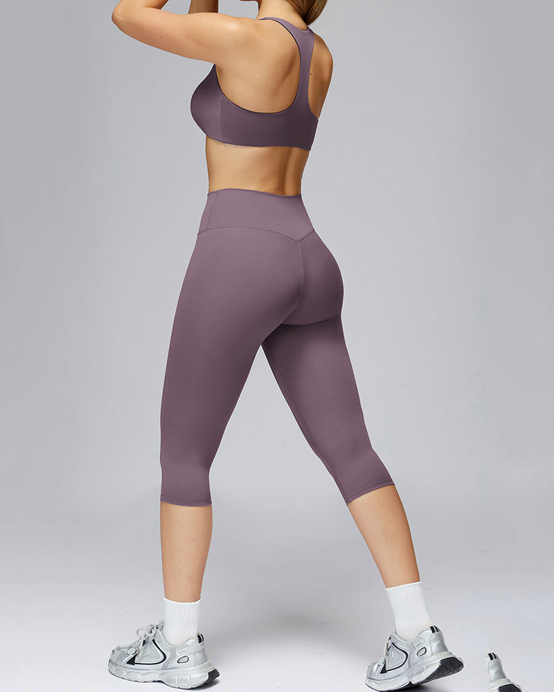 Women V-Neck Bra Capri Leggings Yoga GYM Two-piece Sets S-XL