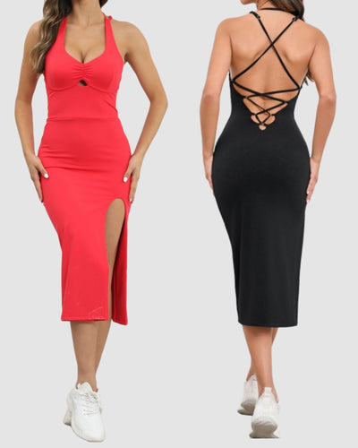 Fashion Halter V Neck High Slit Backless Women Sexy Dress XS-L