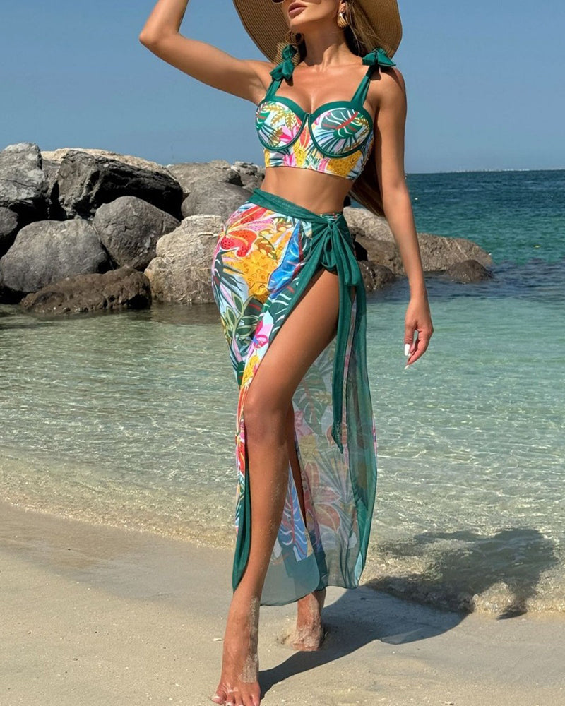 Sexy Color Blocked Floral Three Piece Set Mesh Beach Long Skirt Swimsuit Swimwear S-L