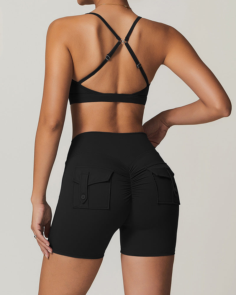 Wholesale OEM Running Sling Ruched Bra Yoga Two-piece Shorts Sets S-XL