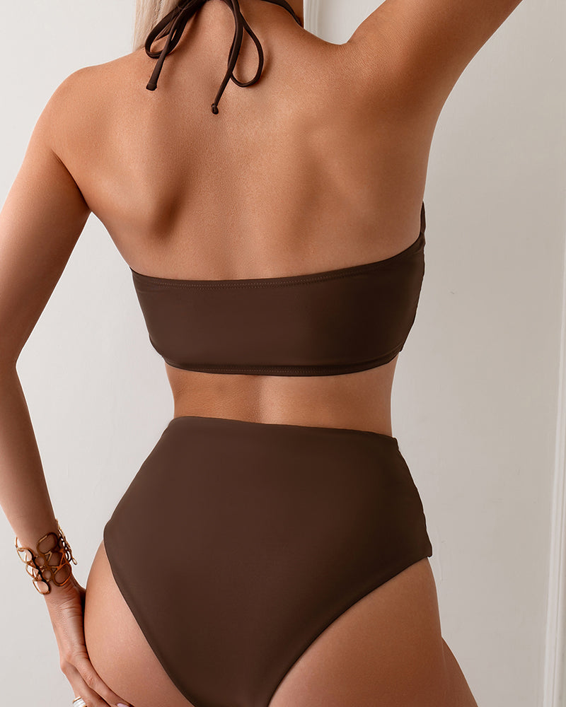 High Waist Women Coffee Color Swimsuit S-L