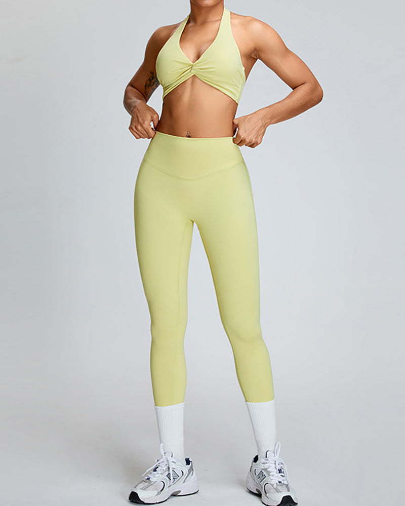 Summer Halter Neck Breathable Quick Drying High Waist Pants Yoga Two-piece Set Pink Green Yellow Blue S-XL