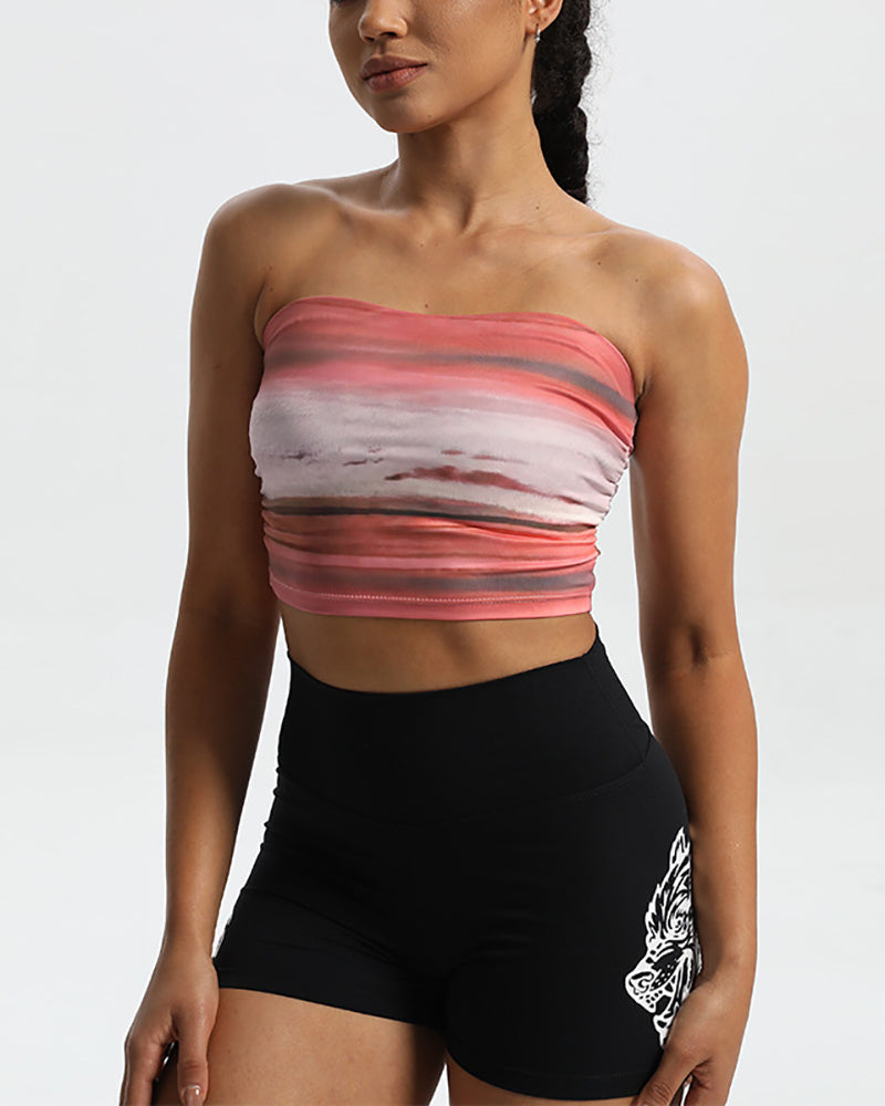 Colorblock Printed Summer Strapless Fitness Sports Tube Top Blue Red S-L