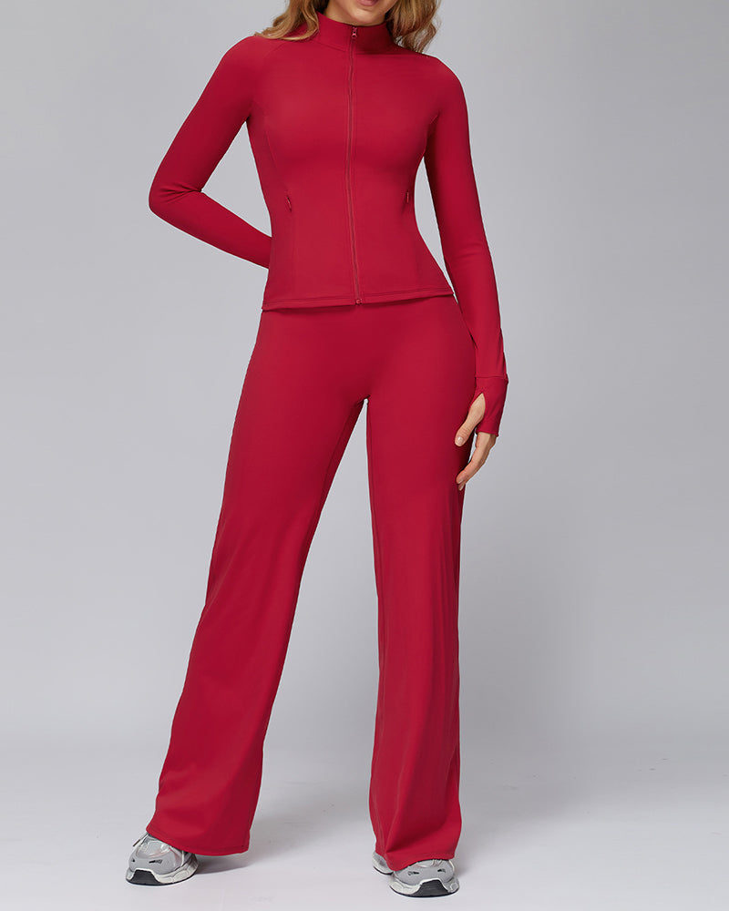 Women Long Sleeve Coat Wide Leg Pants Yoga Two-piece Sets S-XL