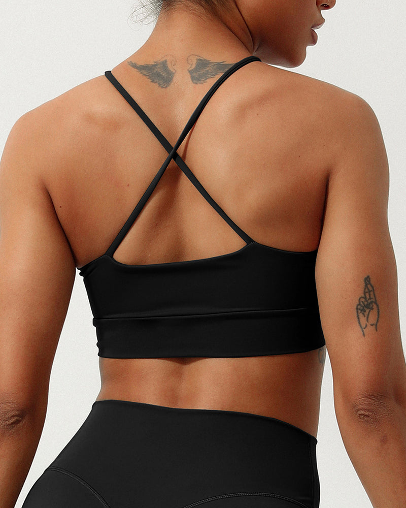 Women Halter Neck Ruched Hole Yoga Fitness Cross Back Sports Bra S-XL