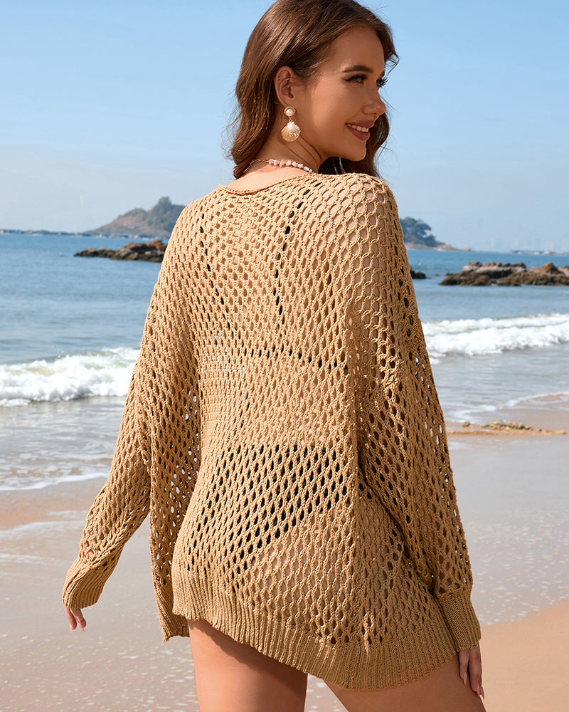 Summer Knitted Sweater Solid Color Loose Round Neck Hollow Bikini Beach Cover-Up