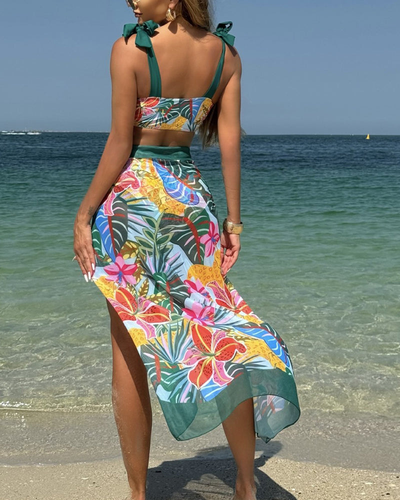 Sexy Color Blocked Floral Three Piece Set Mesh Beach Long Skirt Swimsuit Swimwear S-L