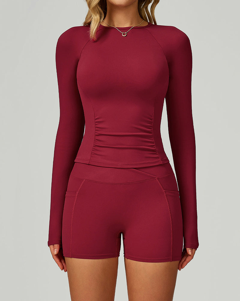 Woman OEM Long Sleeve Slim GYM T-shirt Side Pocket Shorts Yoga Two-piece Sets S-XL