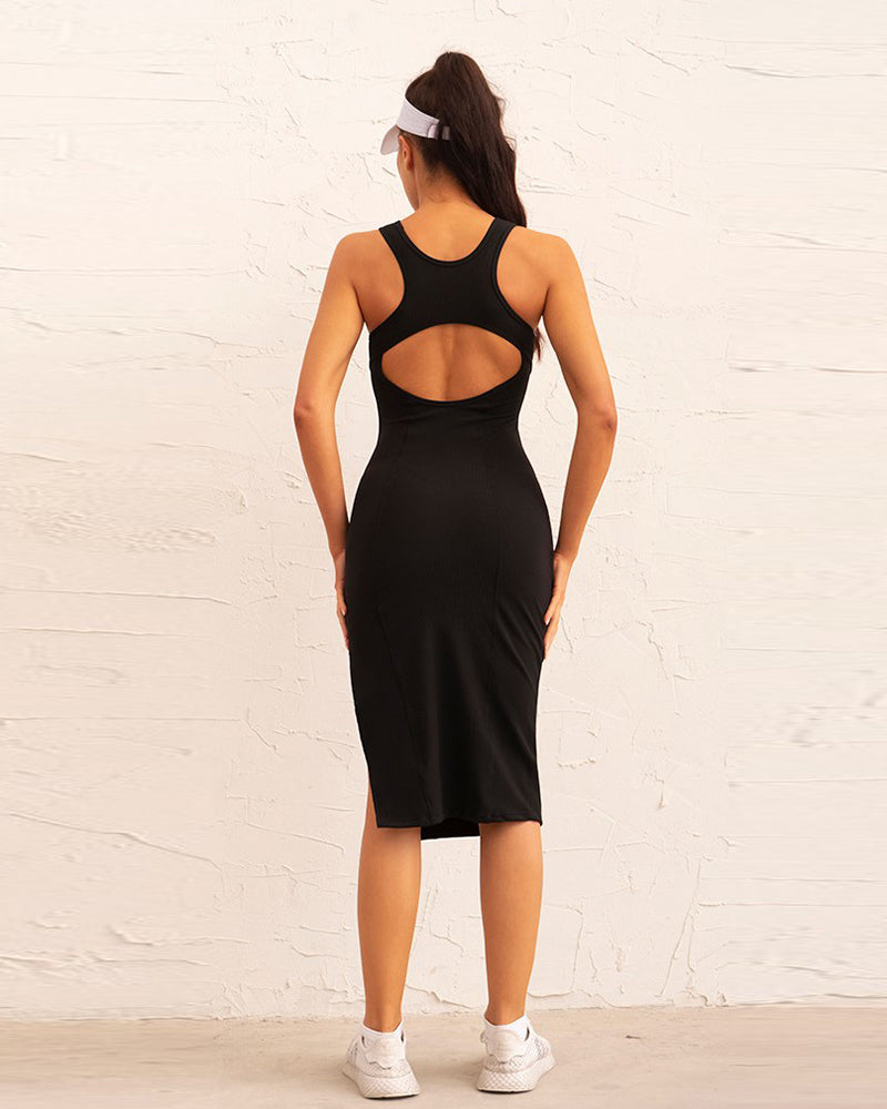 Women Slim Side Slit Sleeveless Hollow Out Fitness Dress S-L