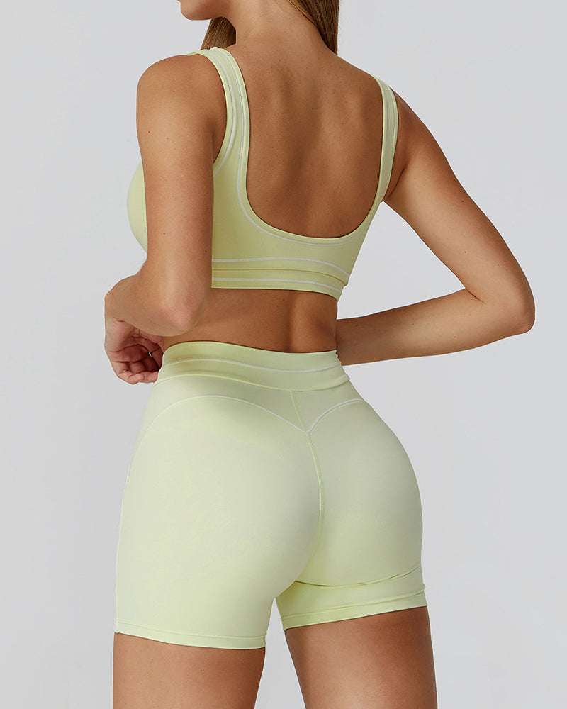 Women Colorblock U Neck Bra Shorts Fitness Yoga Two-piece Sets S-XL