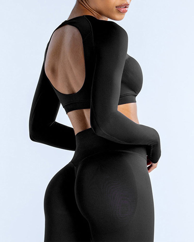Women Long Sleeve Backless Sport Crop Top XS-XL