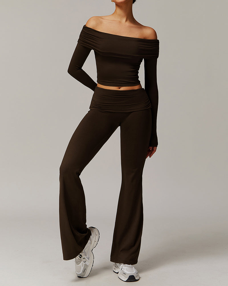 OEM Women Long Sleeve Off Shouder T-shirts Fold Waist Wide Leg Pants Sports Yoga Two-piece Sets S-XL