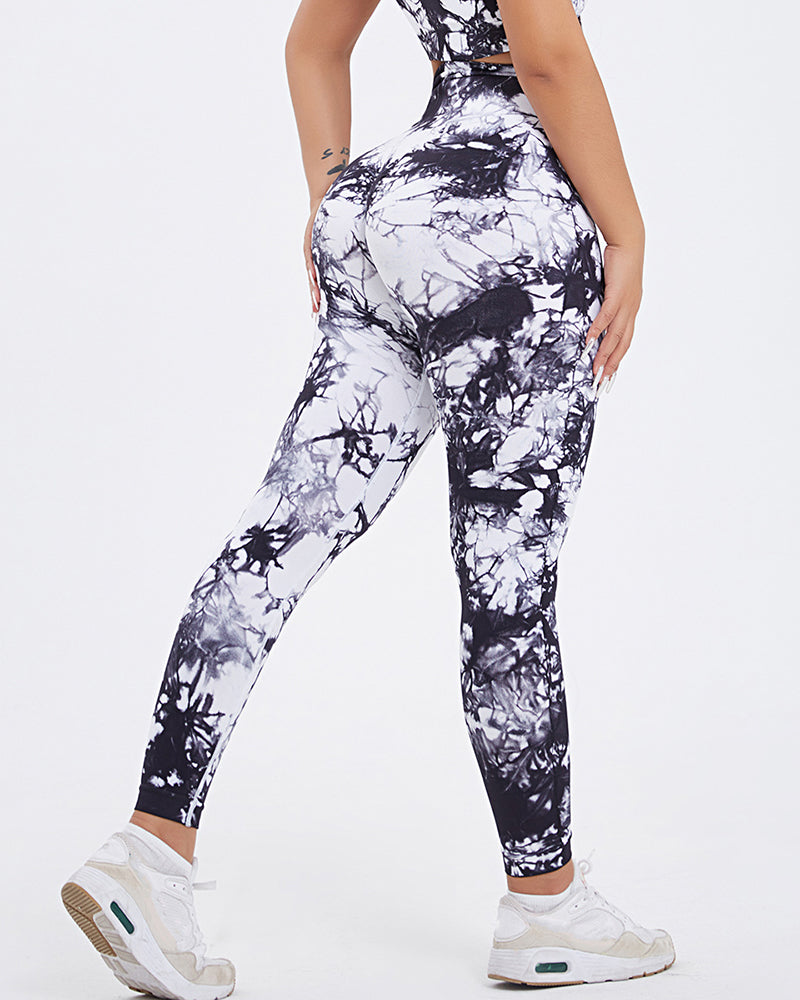 Woman Tie Dye High Waist Hip Lips Slim Sport Running Pants S-L