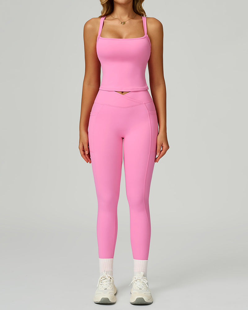 Women OEM Service Solid Color Vest Leggings Two Piece Yoga Sets S-XL