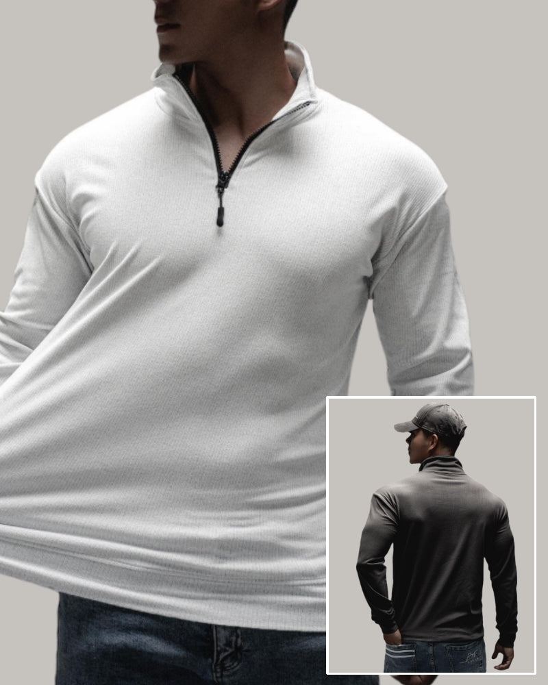 Long Sleeve Zipper Stand Collar Good Elestic Solid Color T-shirt M-3XL