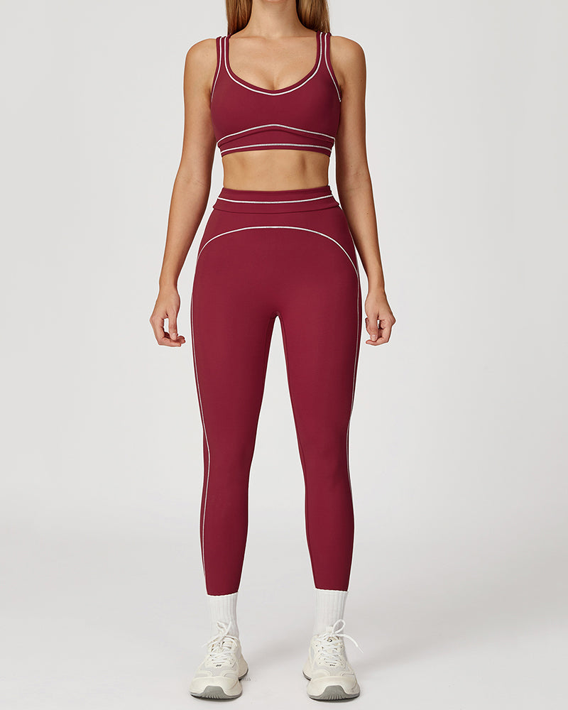 Women Logo Add Colorblock U Neck Bra Sports Leggings Two Piece Sets Black Red Brown Green Blue S-XL