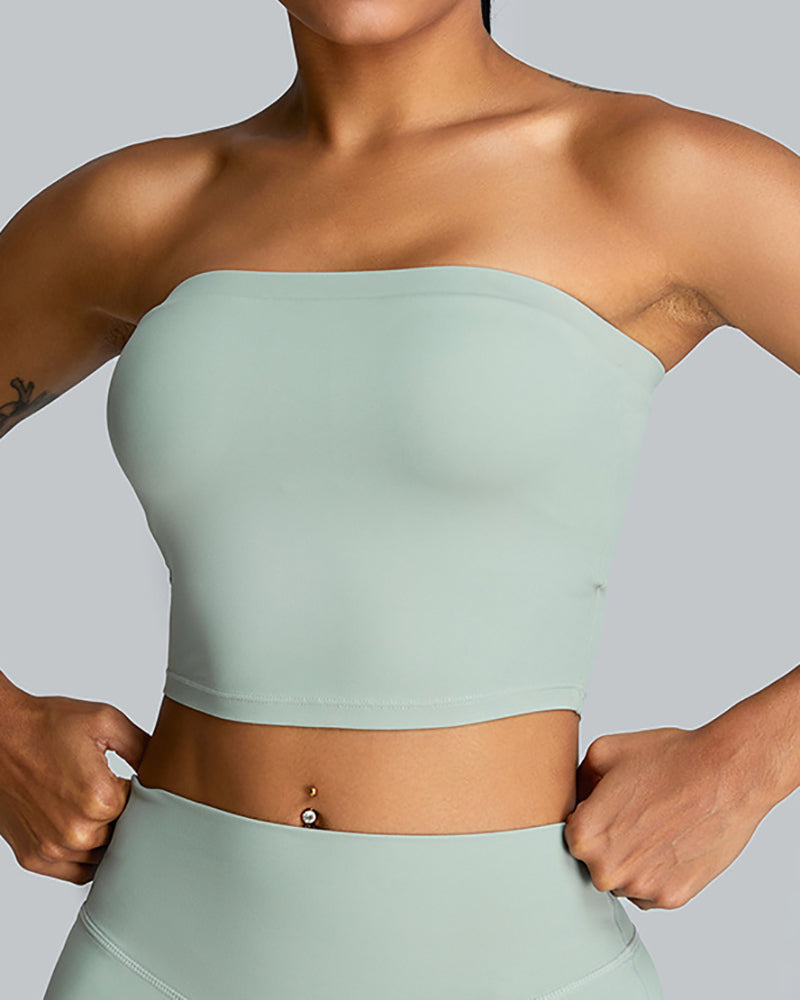 Summer Strapless Crop Top High Waist Shorts Sports Fitness Two-piece Sets Activewear Green Pink Yellow Black S-XL