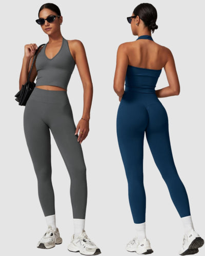 Women Active Wear Seamless V Halter Neck Yoga Two-piece Pants Sets S-XL