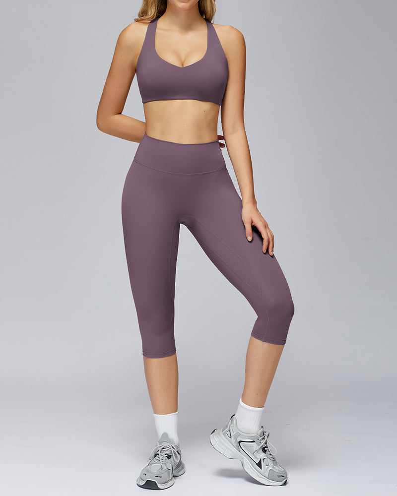 Women V-Neck Bra Capri Leggings Yoga GYM Two-piece Sets S-XL