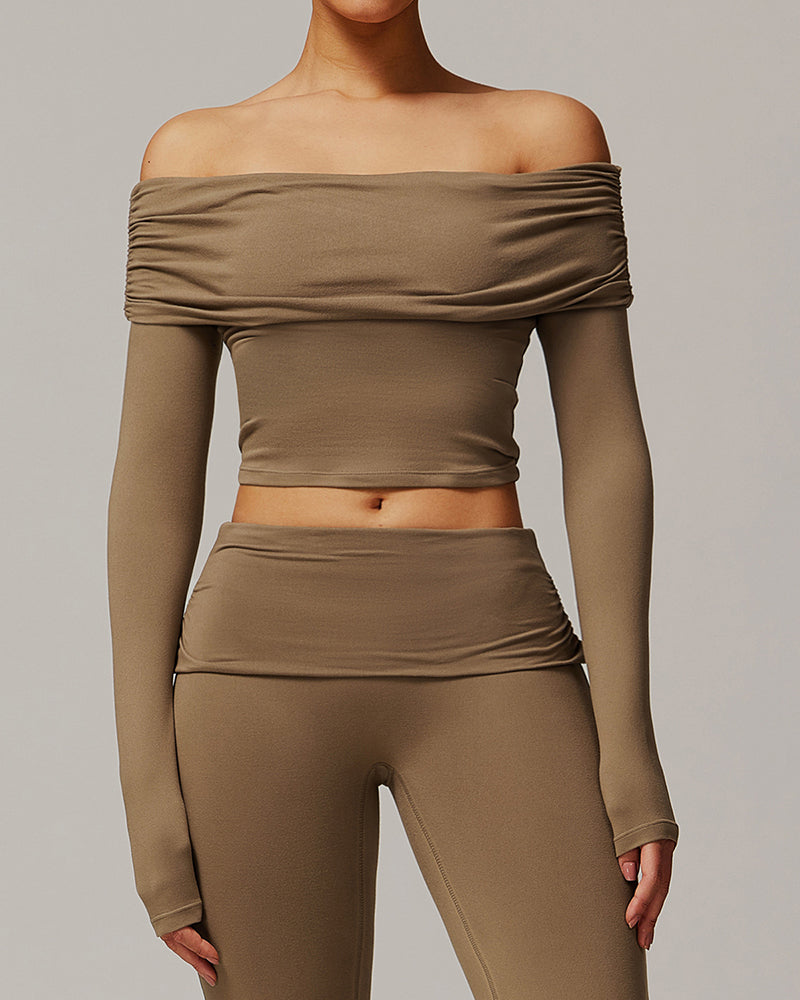 OEM Customized Women Long Sleeve Yoga Fold Off Shoulder Fitness Outdoor Wear Sports Running Top S-XL