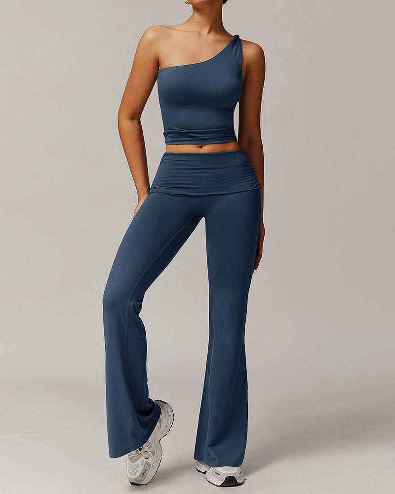 Women OEM Customize LOGO Slash Neck Vest Fold Waist Wide Leg Pants Sports Two Piece Sets S-XL