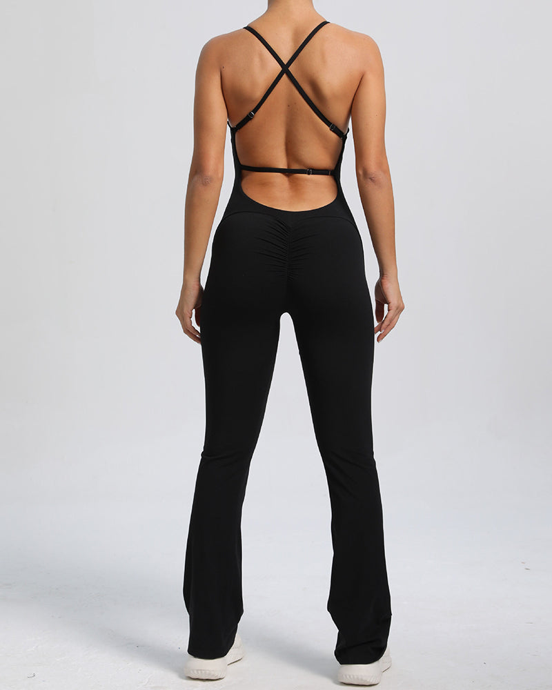 Add Logo OEM Women Sling Criss Cross Back Fitness Yoga Jumpsuit S-L