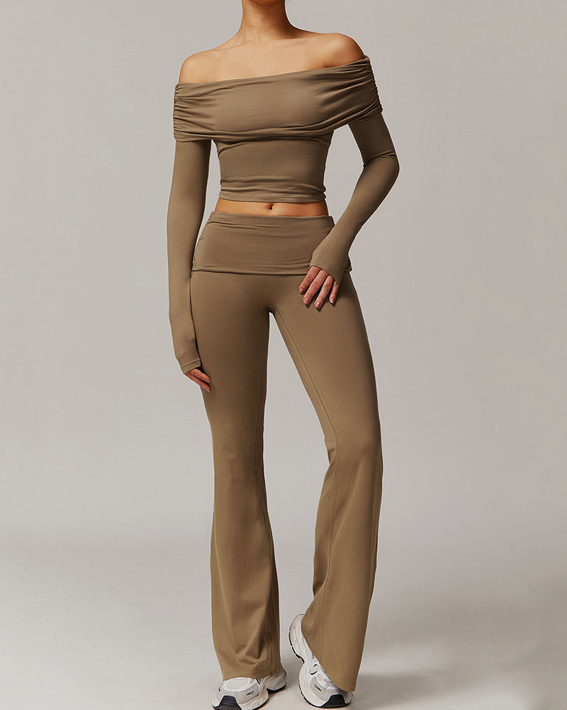 OEM Women Long Sleeve Off Shouder T-shirts Fold Waist Wide Leg Pants Sports Yoga Two-piece Sets S-XL