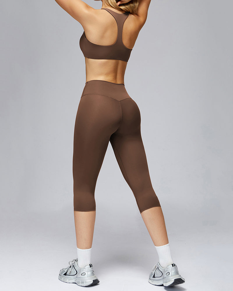 Women V-Neck Bra Capri Leggings Yoga GYM Two-piece Sets S-XL