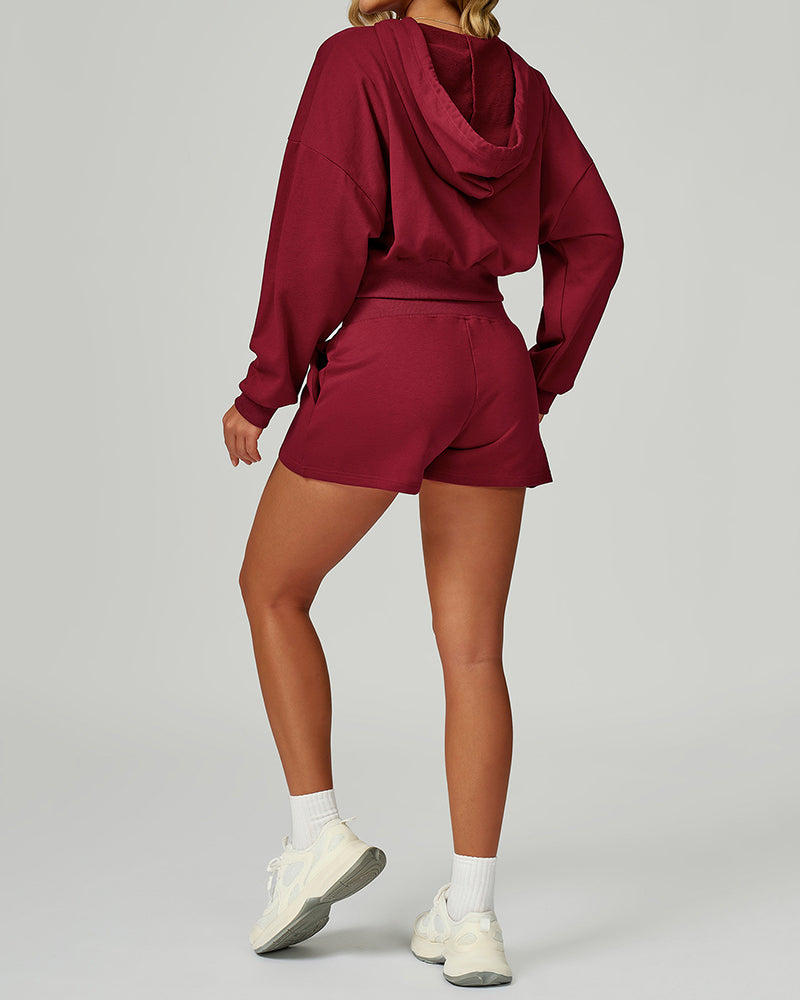 Women Long Sleeve Hoodies GYM Coat Fitness Shorts S-XL