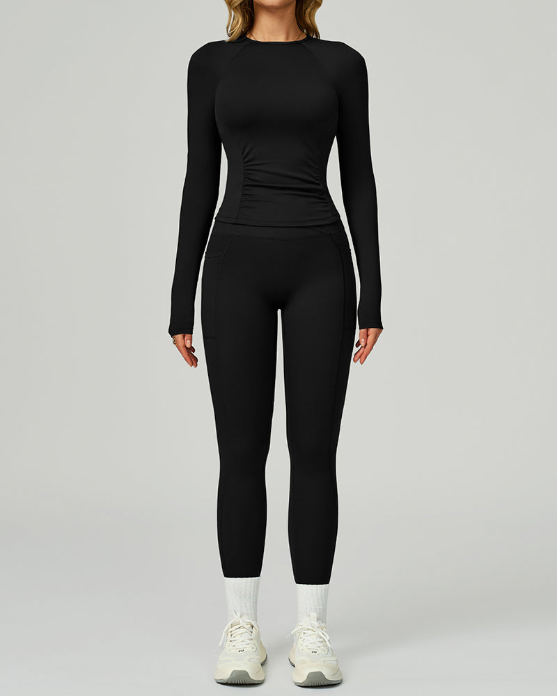 Women Add Logo Long Sleeve GYM Slim T-shirt High Waist Leggings Yoga Two-piece Sets S-XL