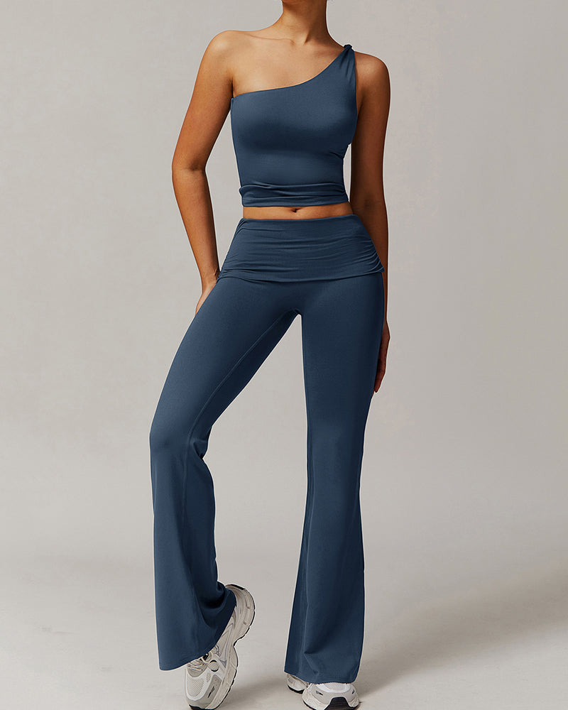 Women OEM Customize LOGO Slash Neck Vest Fold Waist Wide Leg Pants Sports Two Piece Sets S-XL