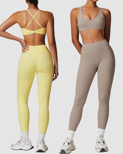 Women OEM V Neck Criss Cross Sports Bra High Waist Leggings Pants Running Sets S-XL